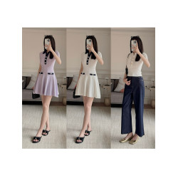 Masakiki七七 優雅小香風珍珠釦鏤空連衣裙+繙領金釦短針織衫