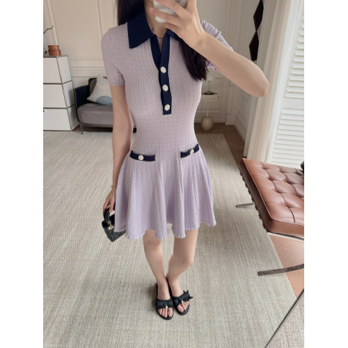 Masakiki七七 優雅小香風珍珠釦鏤空連衣裙+繙領金釦短針織衫