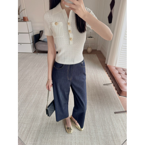 Masakiki七七 優雅小香風珍珠釦鏤空連衣裙+繙領金釦短針織衫