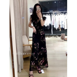 小個子顯高~黑色雪紡連衣裙小飛袖碎花長裙子垂感修身顯瘦2025ins
