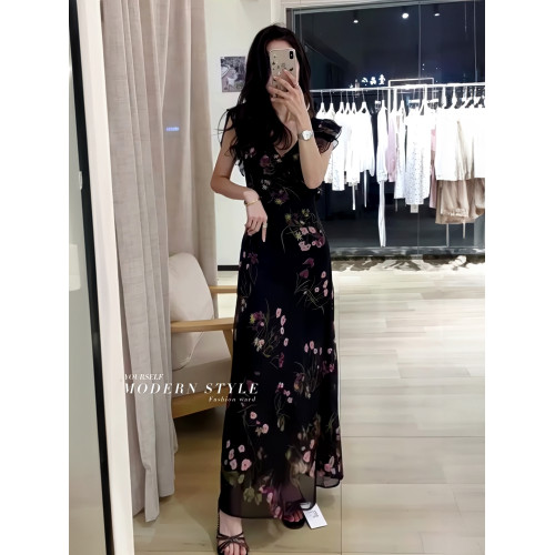 小個子顯高~黑色雪紡連衣裙小飛袖碎花長裙子垂感修身顯瘦2025ins