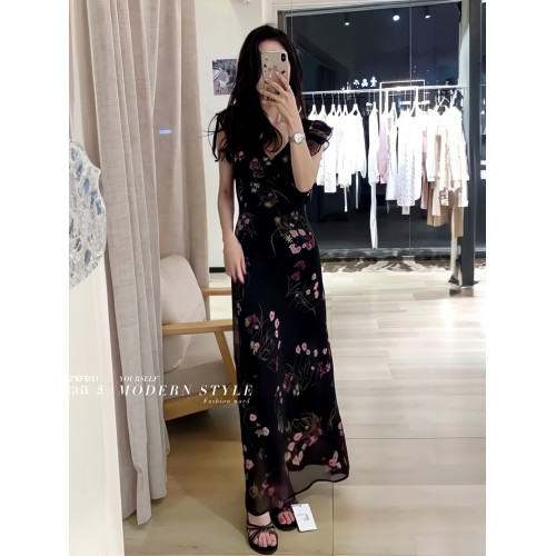 小個子顯高~黑色雪紡連衣裙小飛袖碎花長裙子垂感修身顯瘦2025ins