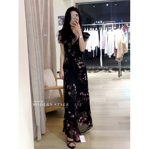 小個子顯高~黑色雪紡連衣裙小飛袖碎花長裙子垂感修身顯瘦2025ins