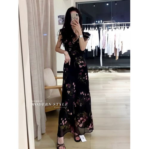 小個子顯高~黑色雪紡連衣裙小飛袖碎花長裙子垂感修身顯瘦2025ins