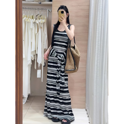 松弛美式*假兩件條紋綁帶背心裙黑白撞色長款度假連衣裙夏季新款