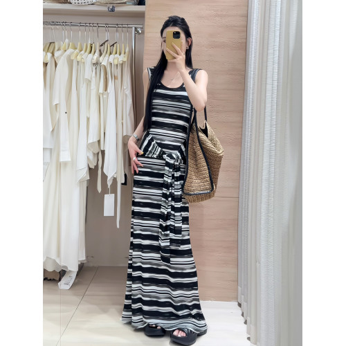 松弛美式*假兩件條紋綁帶背心裙黑白撞色長款度假連衣裙夏季新款