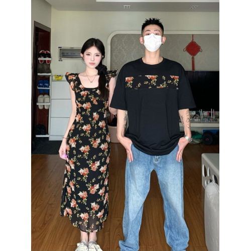高級感情侶裝夏裝一裙一衣小衆設計感碎花女長裙男t恤2024新款潮