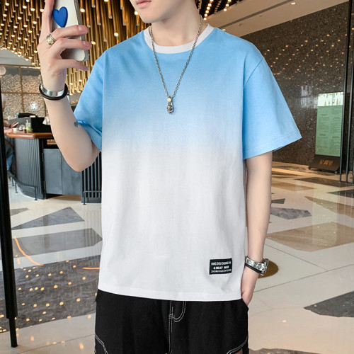 新款漸變色夏季男T恤上衣學生服潮牌潮流圓領純棉短袖