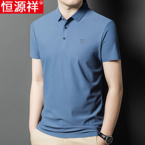 恒源祥短袖男t恤中年爸爸夏裝薄款冰絲翻領上衣純色男士免燙半袖