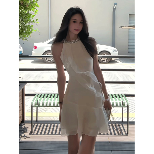 法式荷葉邊掛脖純欲性感連衣裙女夏季小個子甜美氣質收腰雪紡短裙
