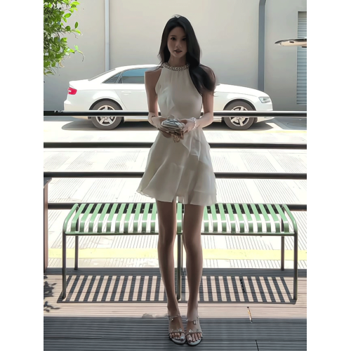 法式荷葉邊掛脖純欲性感連衣裙女夏季小個子甜美氣質收腰雪紡短裙