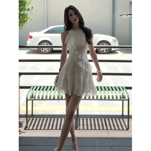 法式荷葉邊掛脖純欲性感連衣裙女夏季小個子甜美氣質收腰雪紡短裙