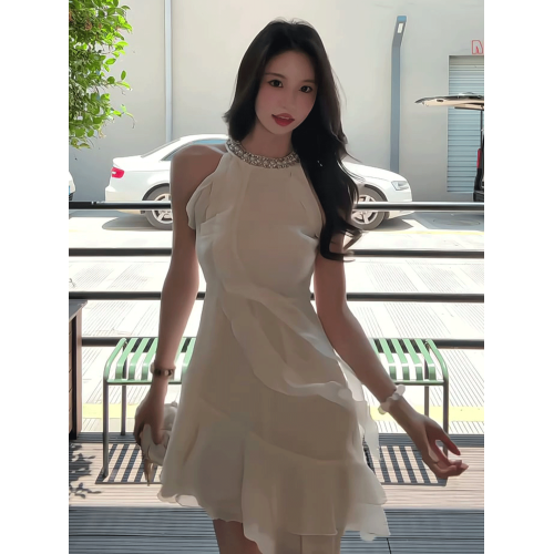 法式荷葉邊掛脖純欲性感連衣裙女夏季小個子甜美氣質收腰雪紡短裙