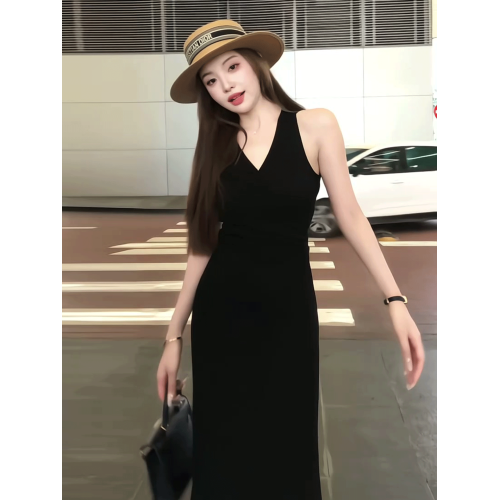 法式黑色V領系帶無袖連衣裙女2025夏季新款收腰顯瘦氣質包臀長裙