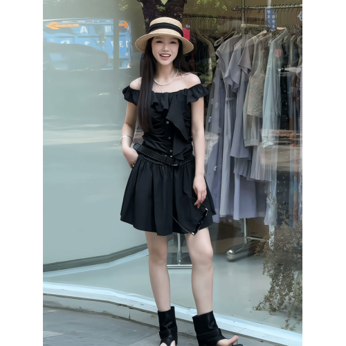 法式荷葉邊一字肩飄帶連衣裙女2025年夏季新款小衆設計感收腰短裙
