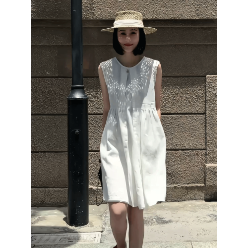 法式圓領無袖亞麻連衣裙女2025夏季新款小個子氣質顯瘦A字背心裙