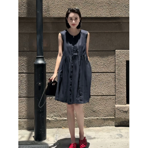 法式圓領無袖亞麻連衣裙女2025夏季新款小個子氣質顯瘦A字背心裙