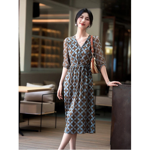 原版~單層不透100%桑蠶絲連衣裙南油夏季新款優雅大牌顯瘦印花裙