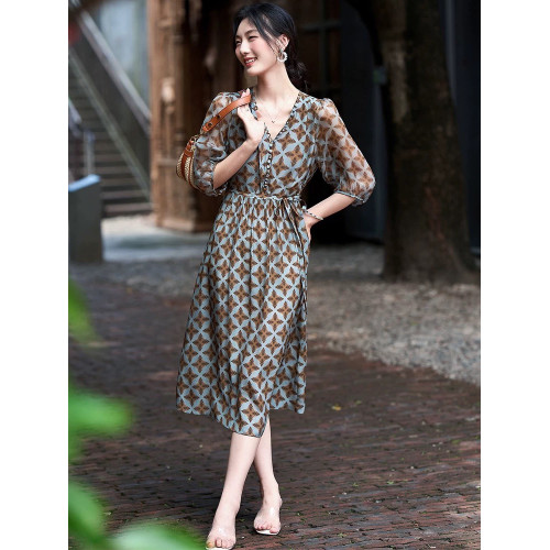 原版~單層不透100%桑蠶絲連衣裙南油夏季新款優雅大牌顯瘦印花裙