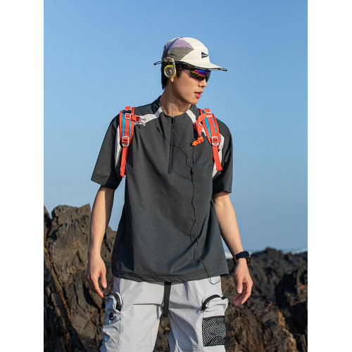 2025夏季新款戶外運動休閒速乾短袖男T恤拼色寬松半拉鍊立領T恤男
