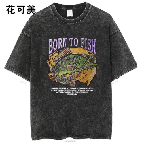 復古歐美潮牌搞笑創意魚Fish圓領寬松美式印花水洗做舊短袖男t恤