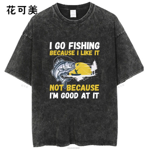 復古歐美潮牌搞笑創意魚Fish圓領寬松美式印花水洗做舊短袖男t恤
