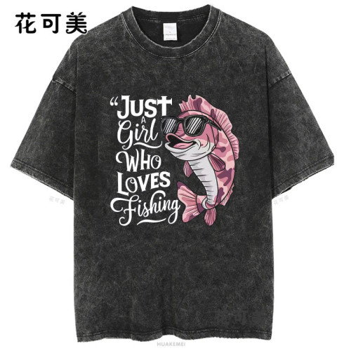 復古歐美潮牌搞笑創意魚Fish圓領寬松美式印花水洗做舊短袖男t恤