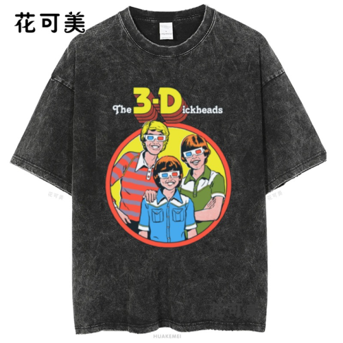 3D眼鏡卡通新款夏季歐美潮牌搞笑創意滑稽印花水洗做舊短袖男t恤
