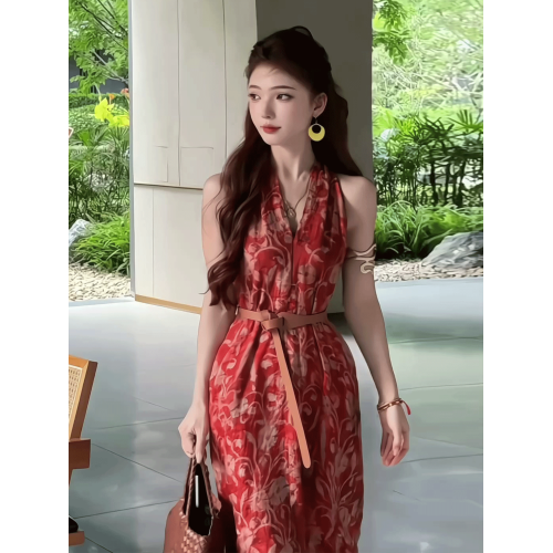 法式復古氣質印花無袖掛脖連衣裙女2025夏季新款高級感絕美長裙子