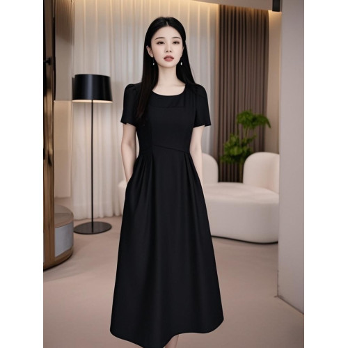 真絲連衣裙女夏2025新款今年流行爆款巨好看小衆黑色單層過膝裙子