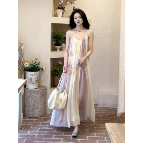 法式漸變暈染長款吊帶連衣裙女2025新款抽繩顯瘦雪紡裙海邊度假裙