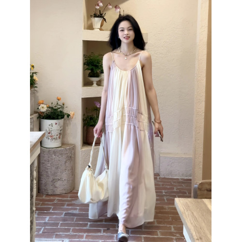 法式漸變暈染長款吊帶連衣裙女2025新款抽繩顯瘦雪紡裙海邊度假裙
