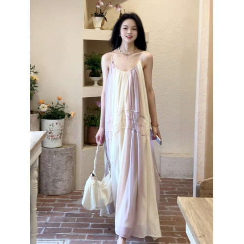 法式漸變暈染長款吊帶連衣裙女2025新款抽繩顯瘦雪紡裙海邊度假裙
