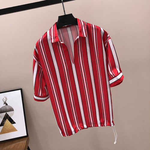 香港夏季七分袖襯衫短袖男t恤韓版潮流ins寬松襯衫領休閒五分中袖