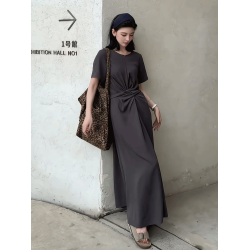 小衆設計感交叉綁帶短袖連衣裙女夏季韓系氣質高級感收腰顯瘦長裙