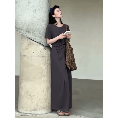 小衆設計感交叉綁帶短袖連衣裙女夏季韓系氣質高級感收腰顯瘦長裙
