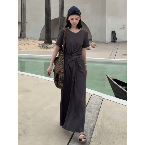 小衆設計感交叉綁帶短袖連衣裙女夏季韓系氣質高級感收腰顯瘦長裙