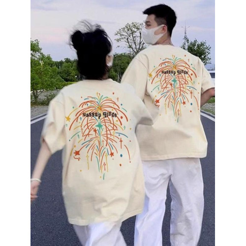 夏季新款高級感圓領短袖菸花印花情侶裝美式網紅學生大碼男T恤衫