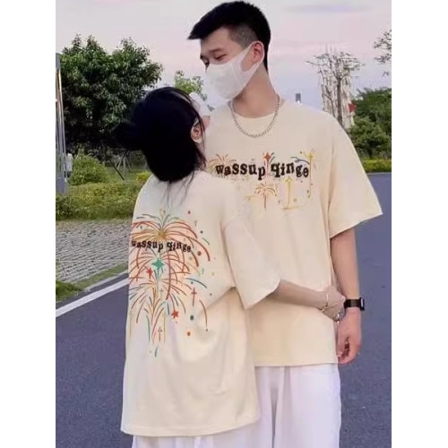夏季新款高級感圓領短袖菸花印花情侶裝美式網紅學生大碼男T恤衫