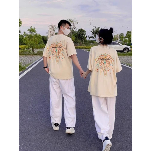 夏季新款高級感圓領短袖菸花印花情侶裝美式網紅學生大碼男T恤衫