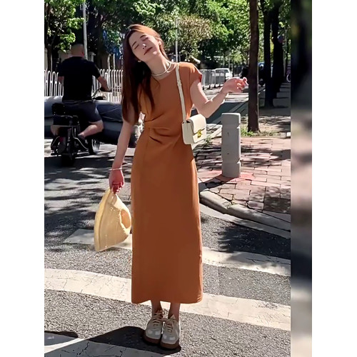 法式氣質t恤連衣裙女夏季2025新款高級感收腰顯瘦飛飛袖直筒長裙