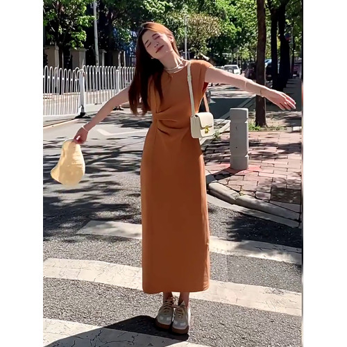 法式氣質t恤連衣裙女夏季2025新款高級感收腰顯瘦飛飛袖直筒長裙
