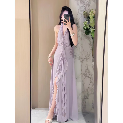 法式溫柔荷葉邊V領掛脖連衣裙女2025年夏季新款溫柔氣質露背長裙