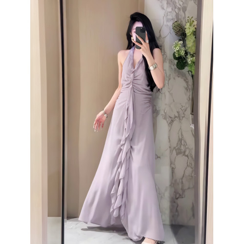 法式溫柔荷葉邊V領掛脖連衣裙女2025年夏季新款溫柔氣質露背長裙