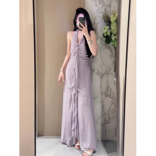 法式溫柔荷葉邊V領掛脖連衣裙女2025年夏季新款溫柔氣質露背長裙