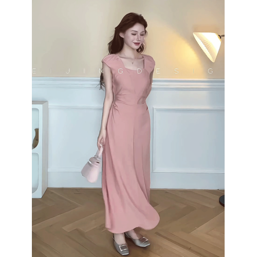法式氣質夏日絕美無袖方領連衣裙女2025新款修身顯瘦系帶露腰長裙