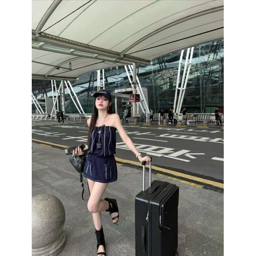 抽繩松緊抹胸條紋連衣裙女2025夏季新款設計感氣質收腰顯瘦短裙子