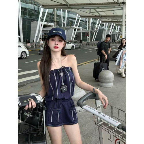 抽繩松緊抹胸條紋連衣裙女2025夏季新款設計感氣質收腰顯瘦短裙子