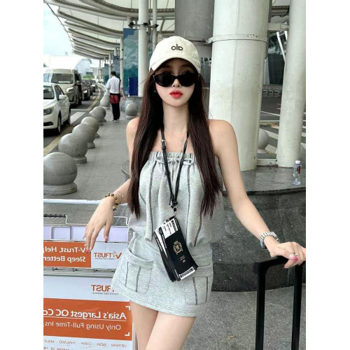 抽繩松緊抹胸條紋連衣裙女2025夏季新款設計感氣質收腰顯瘦短裙子