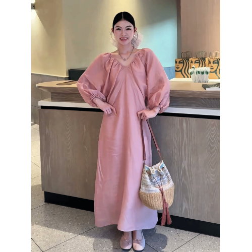 法式復古氣質V領燈籠袖連衣裙女夏季2025新款慵懶松弛感寬松長裙